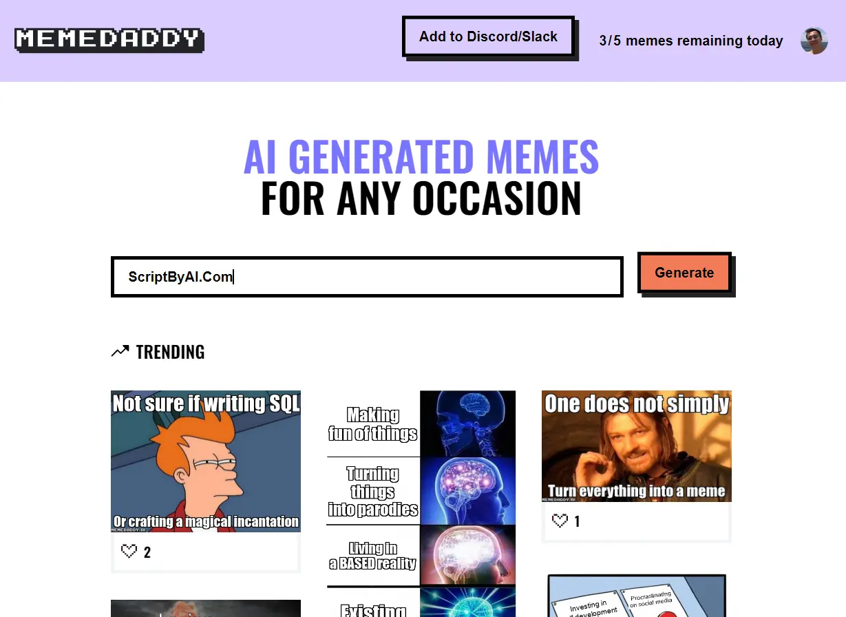 Free & Fast AI Meme Generator - Memedaddy - ScriptByAI