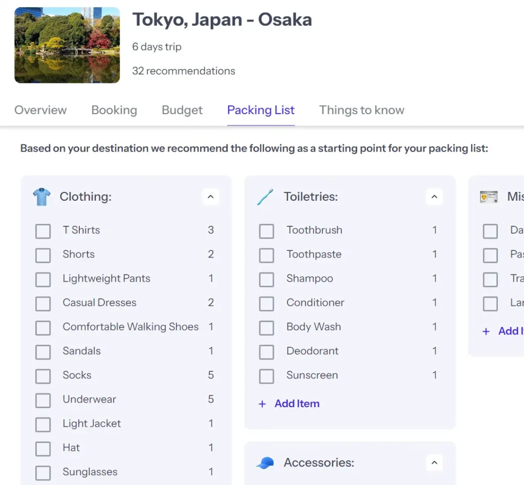 Guide AI Trip Planner Packing List