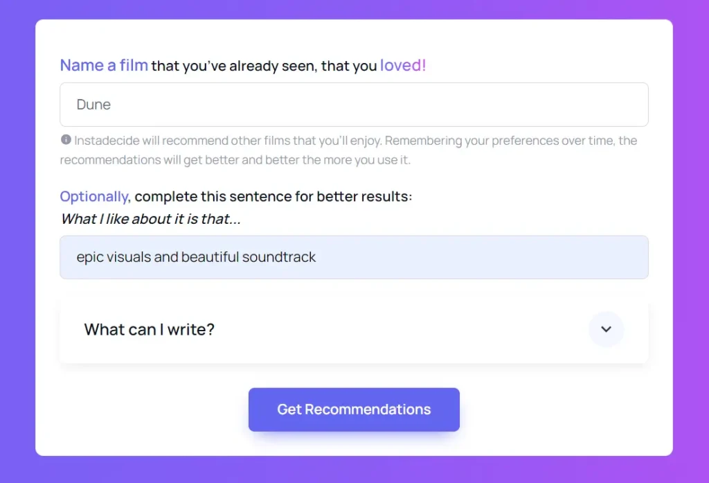 Instadecide movie recommendation tool input