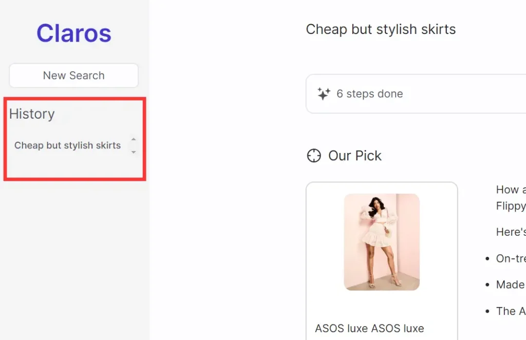 Claros AI Shopping Assistant History