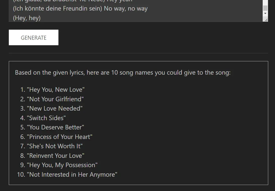 AI Song Name Generator Girlfriend Title