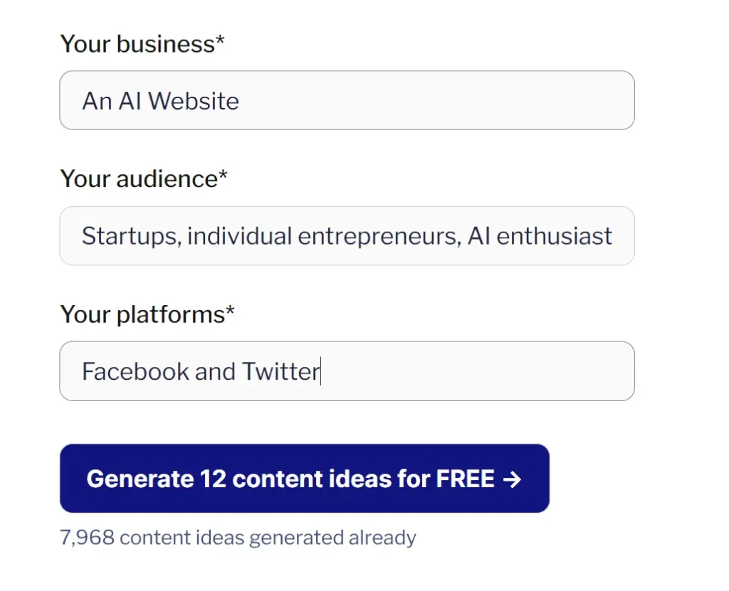 Content Ideas Generator Enter Business Information