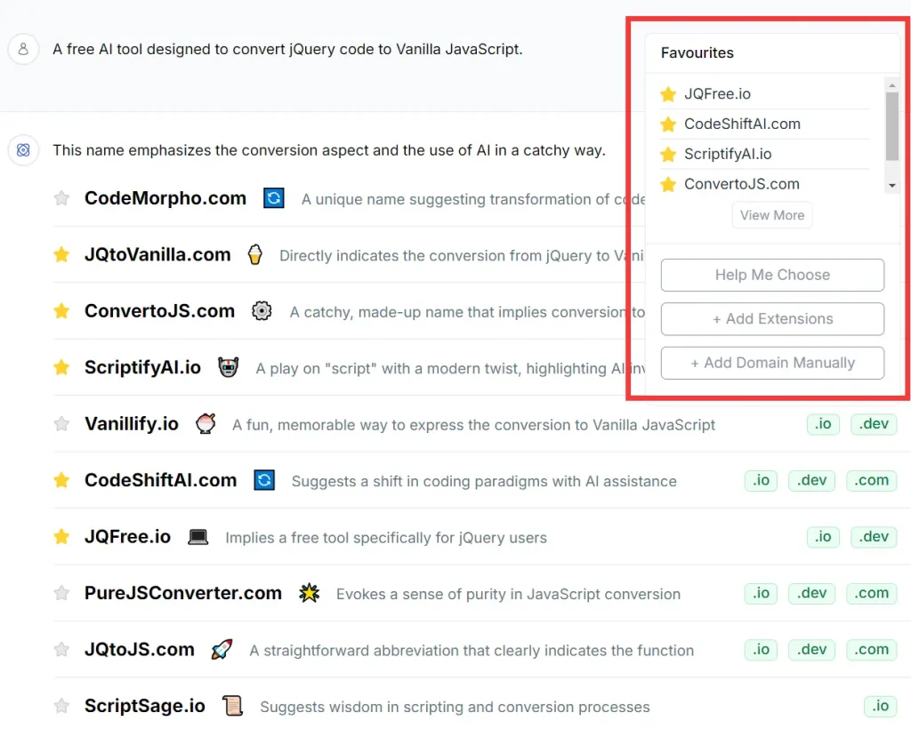 Chatdomain AI Domain Generator Favourites