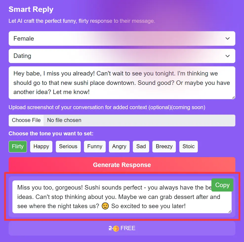 RizzText Smart Reply Output