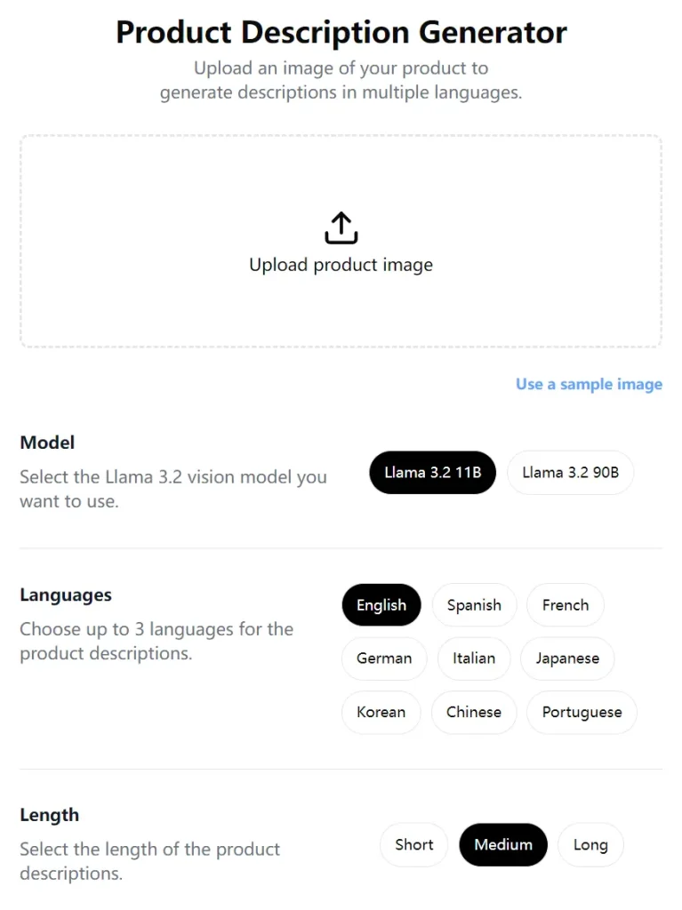 product-image-description-llama-interface