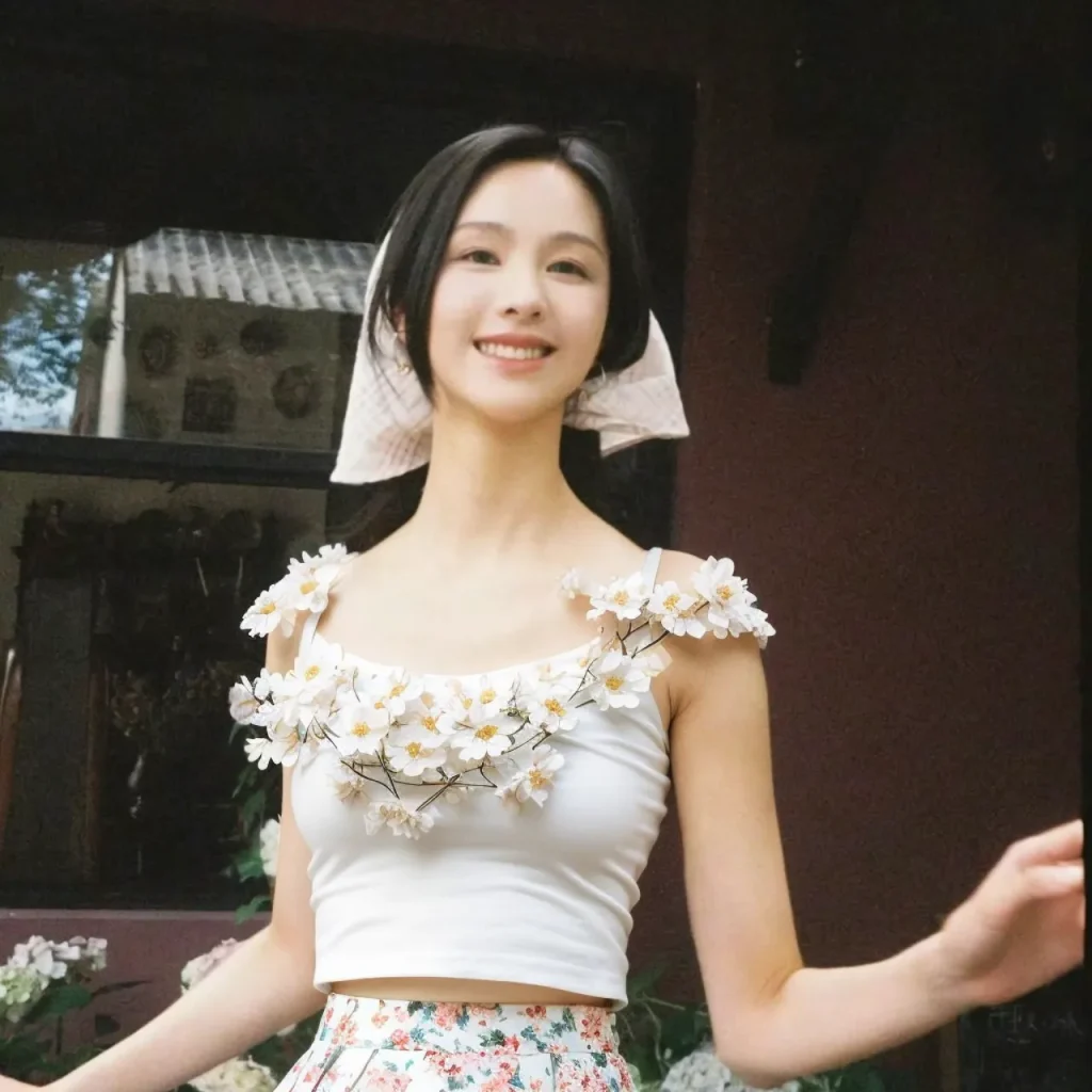 replace the clothes to a delicated floral skirt