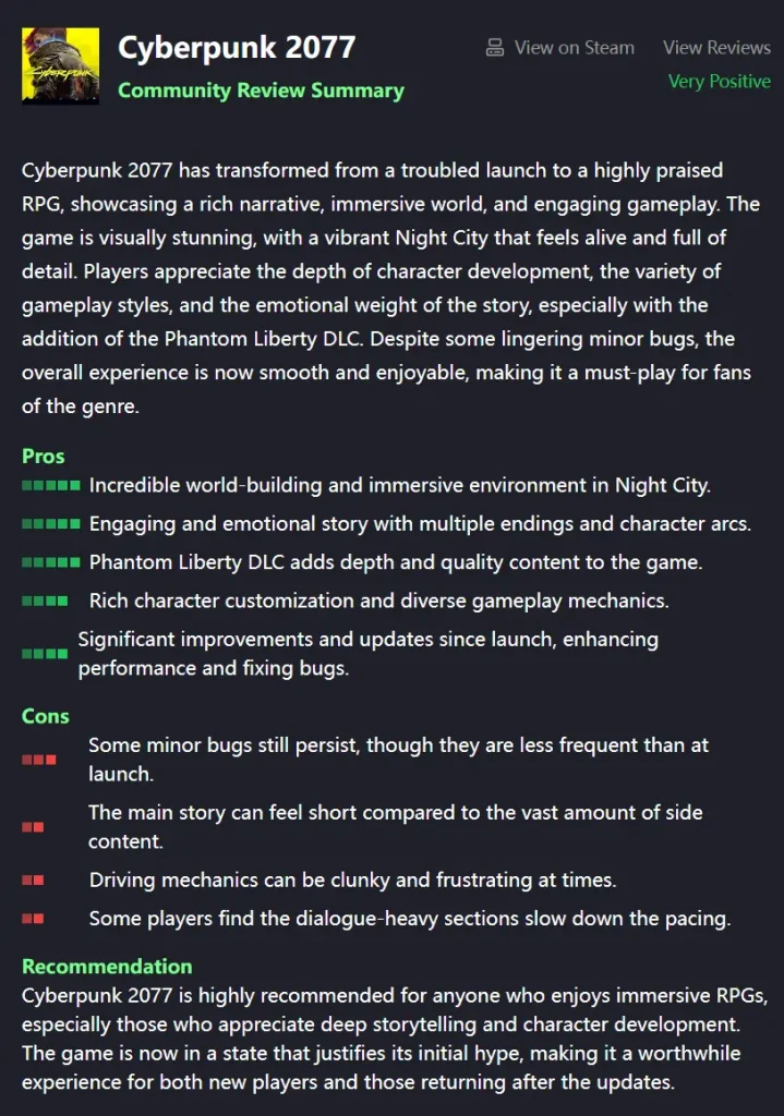 Cyberpunk 2077 Community Review Summary