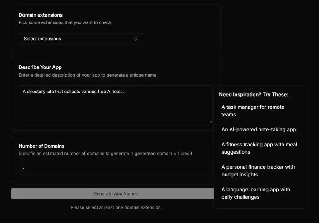 Spark Namer AI Domain Generater Type Info