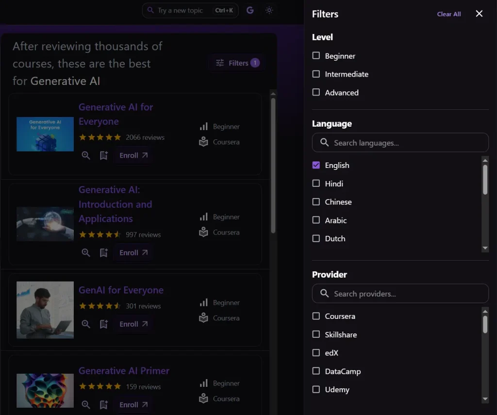 coursecorrect generative AI courses filter