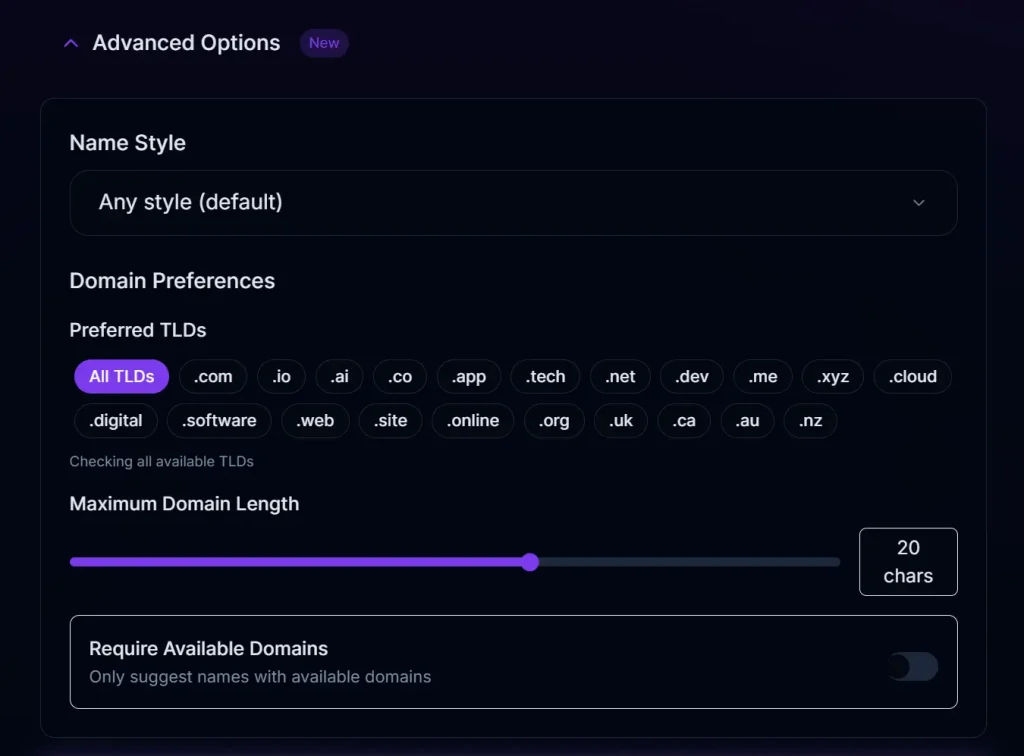Startup Name Generator Advanced Options