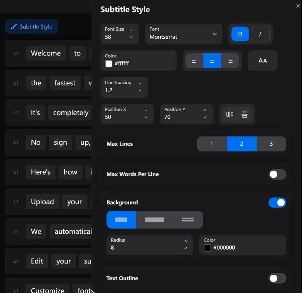 AutoSubtitles Style Panel