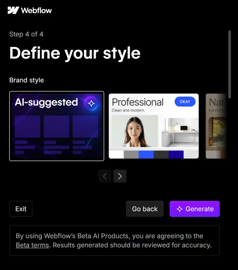 Webflow AI Site Builder Define Style