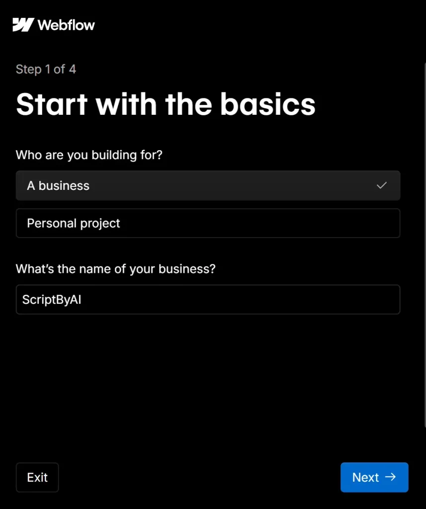 Webflow AI Site Builder Select Business