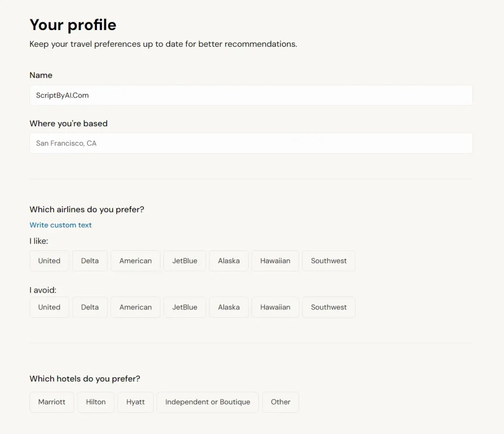 stardrift Travel Preferences