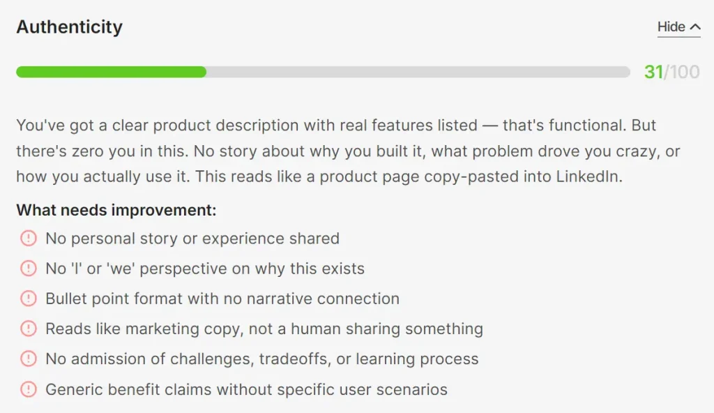LinkedIn Post Quality Analyzer Authenticity
