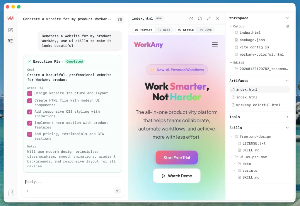 WorkAny Generate Websites