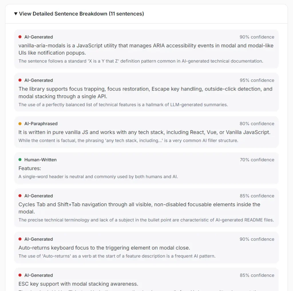 DetectMy AI Detector Sentence-Level Analysis Breakdown
