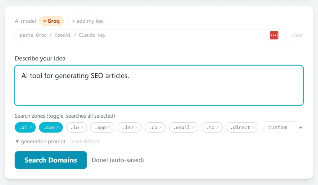 Startup Domain Search Prompt