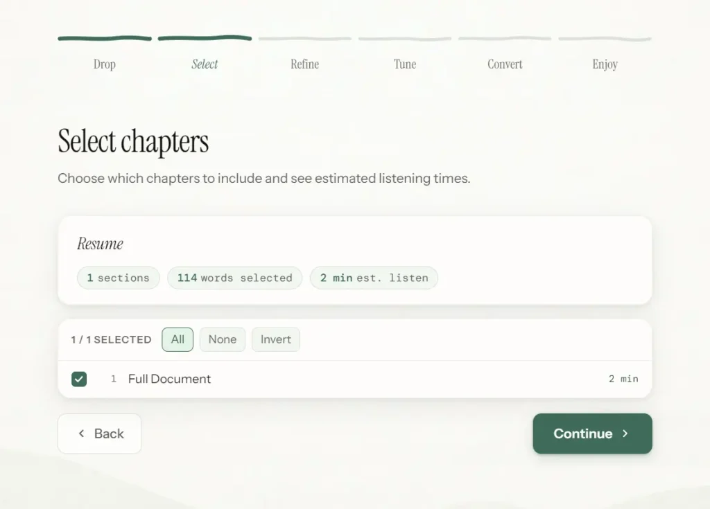 DocsToAudio Select the chapters