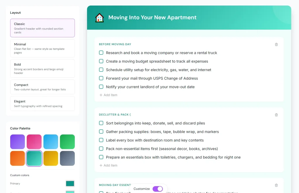 ChecklistFox edit Moving into a new apartment